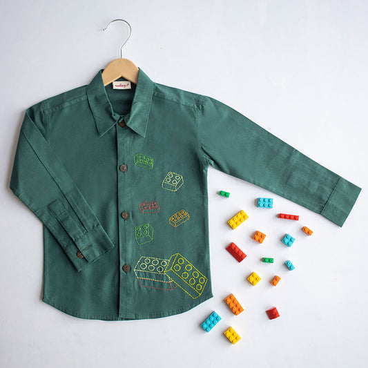 Building Blocks Embroidered Unisex Shirt - Bottle Green