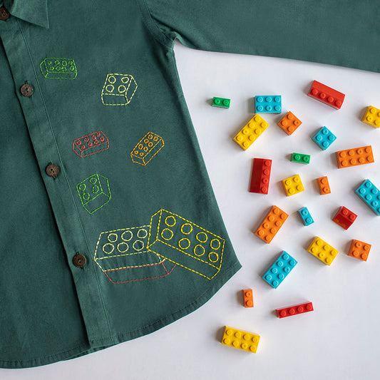 Building Blocks Embroidered Unisex Shirt - Bottle Green