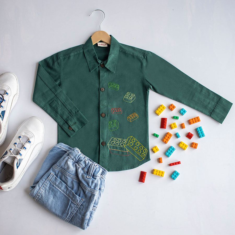 Building Blocks Embroidered Unisex Shirt - Bottle Green