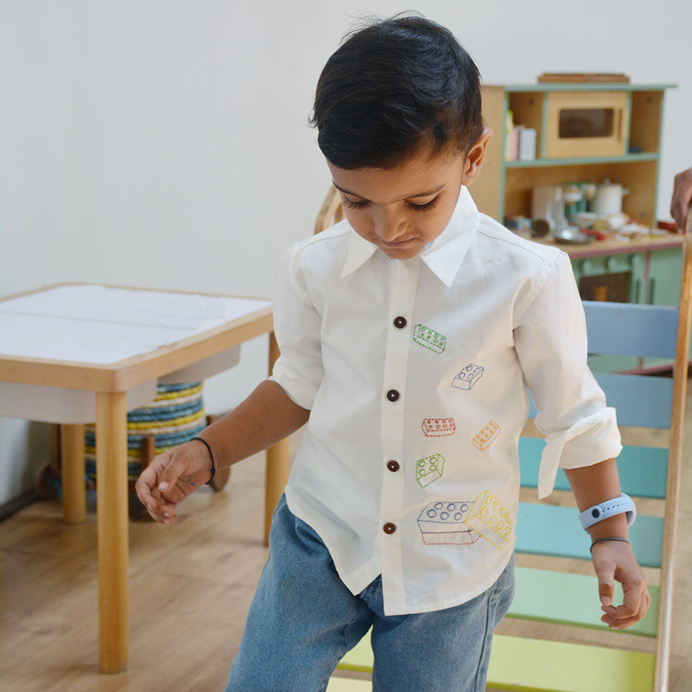 Building Blocks Embroidered Unisex Shirt - White