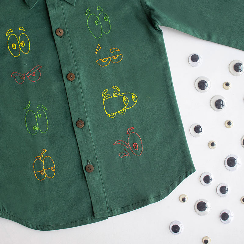 Colourful Emoji Eyes Embroidered Unisex Shirt - Bottle Green