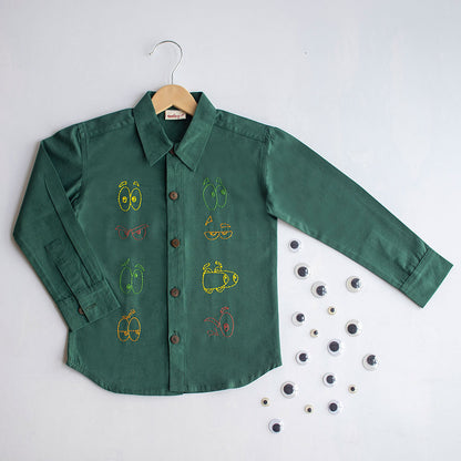 Colourful Emoji Eyes Embroidered Unisex Shirt - Bottle Green