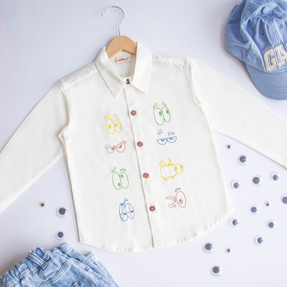 Colourful Emoji Eyes Embroidered Unisex Shirt - White