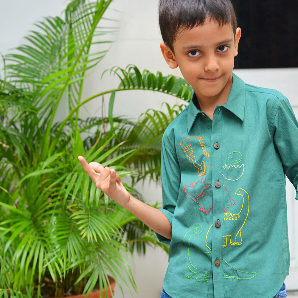 Dinosaurs Embroidered Shirt - Bottle Green