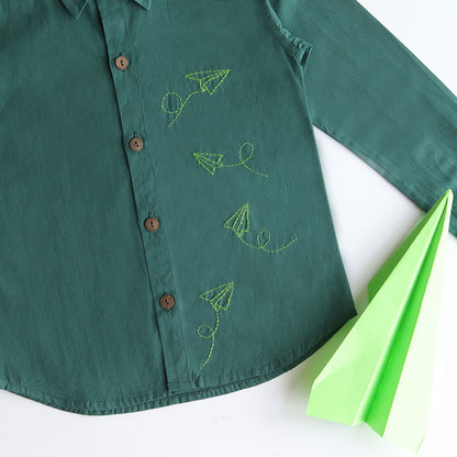 Fly High Embroidered Formal Shirt - Bottle Green