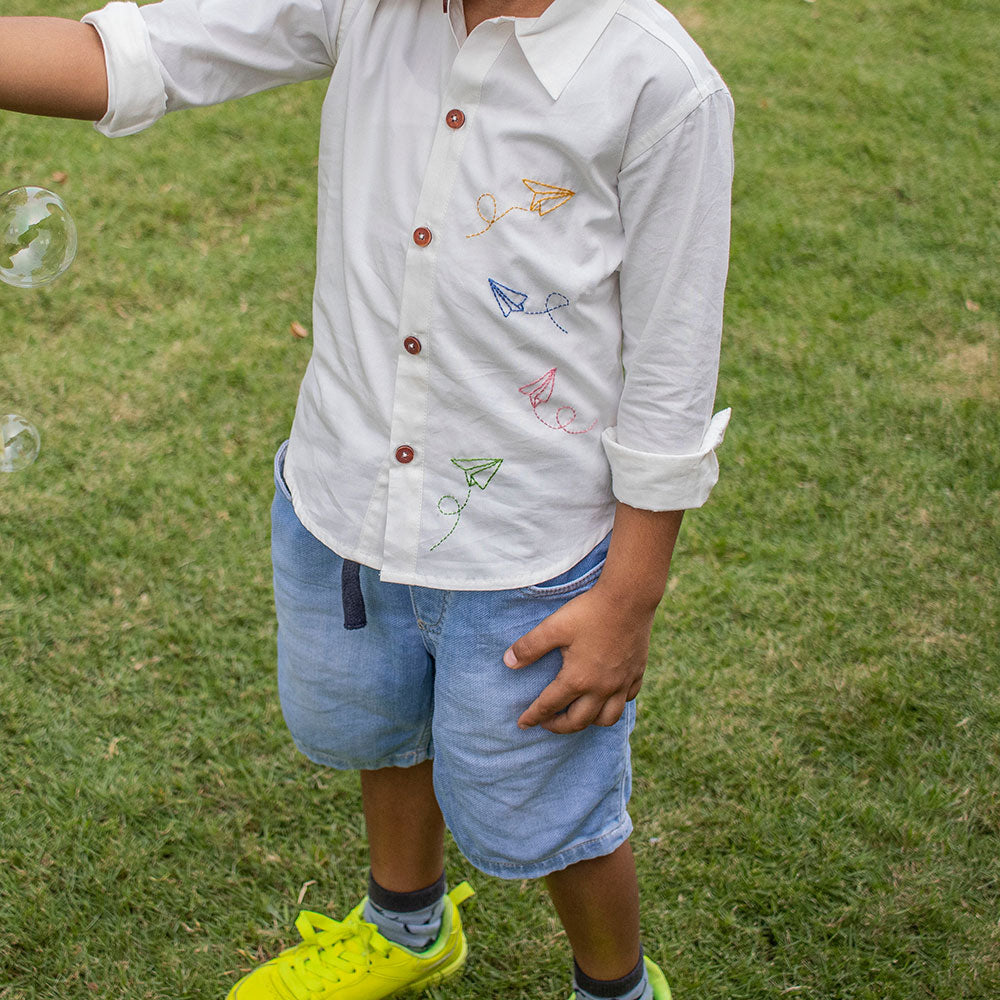 Fly High Embroidered Formal Shirt - White