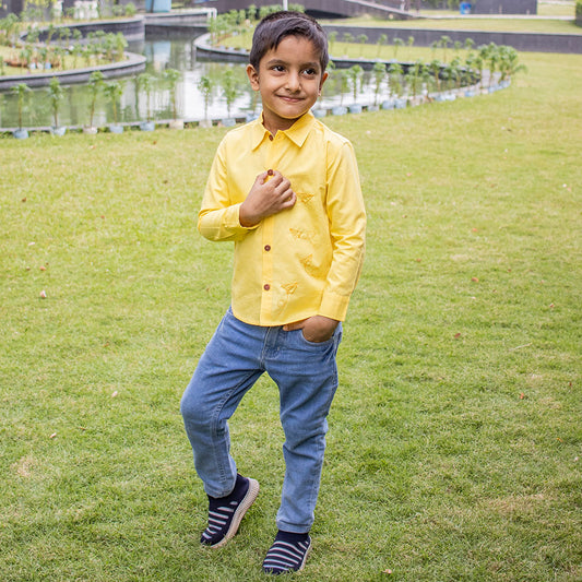 Fly High Embroidered Formal Shirt - Yellow