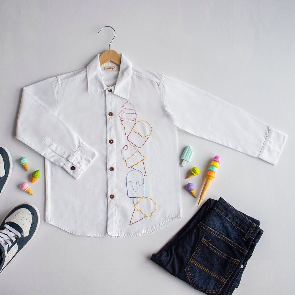 Ice Cream Embroidered Shirt - White