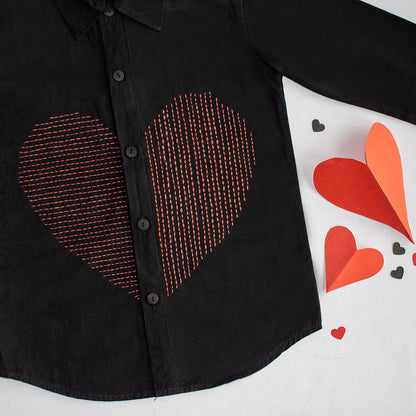 Lined Heart Embroidered Shirt - Black