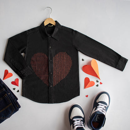 Lined Heart Embroidered Shirt - Black