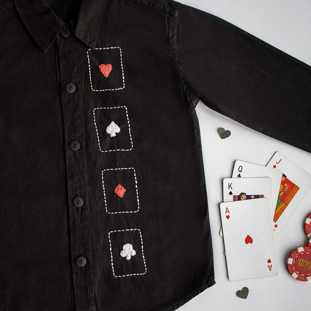 Playing Cards Embroidered Shirt - Black