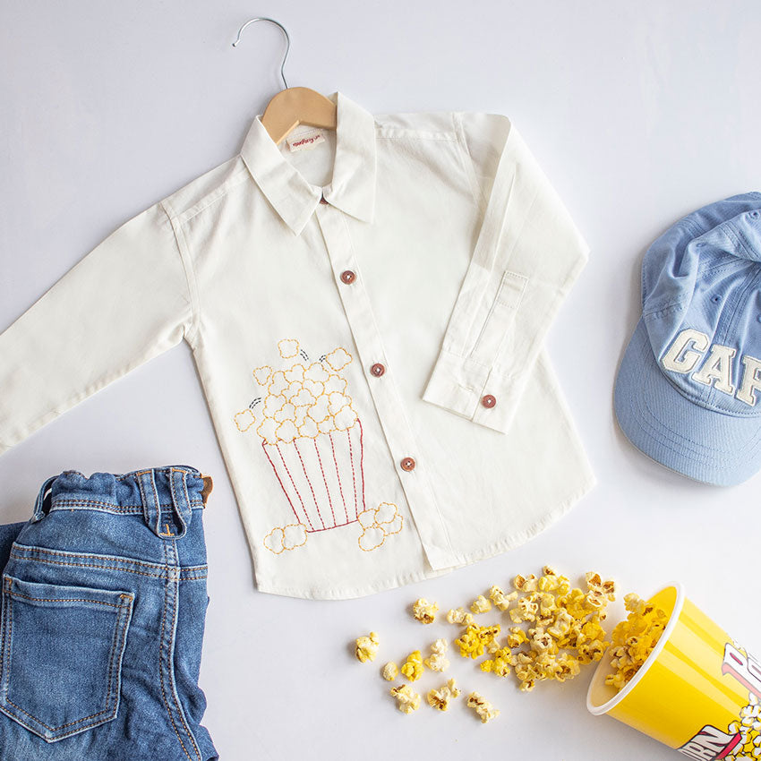 Popcorn Embroidered Unisex Shirt - White