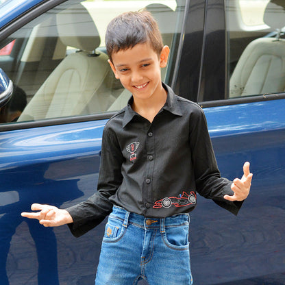 Race Car Embroidered Shirt - Black