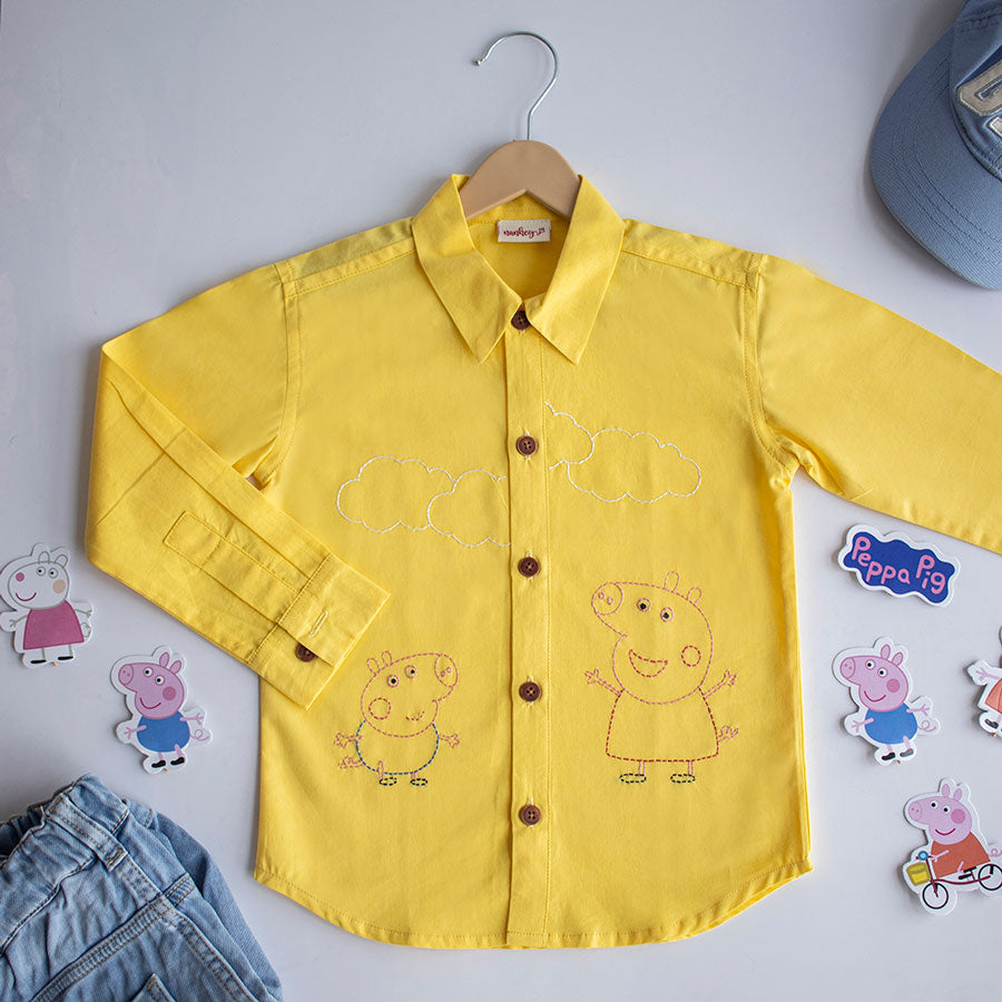 Sibling Pigs Embroidered Unisex Shirt - Yellow