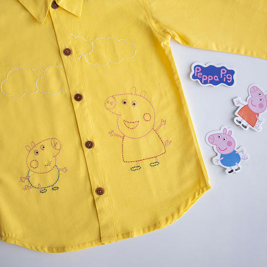 Sibling Pigs Embroidered Unisex Shirt - Yellow