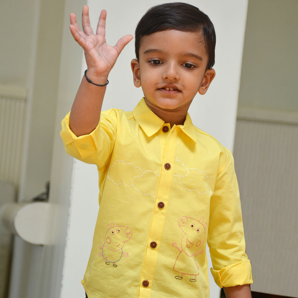 Sibling Pigs Embroidered Unisex Shirt - Yellow