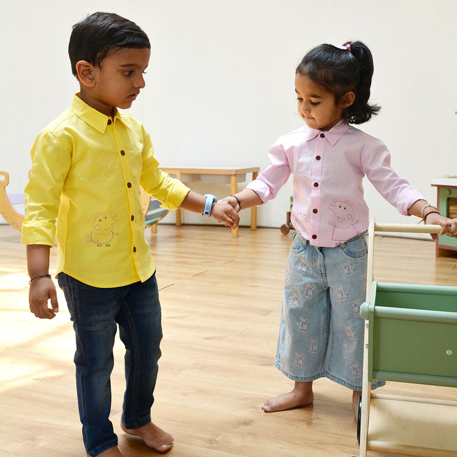 Sibling Pigs Embroidered Unisex Shirt - Yellow