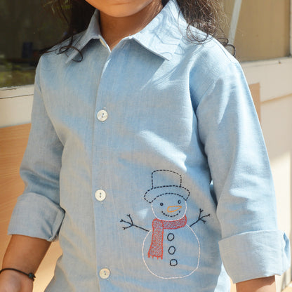 Snowman Embroidered Denim Shirt