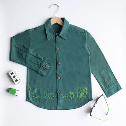 Traffic Embroidered Formal Shirt - Bottle Green